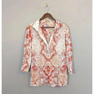 Chicos Orange White Medallion Print Relaxed 100% Linen Popover Tunic Sz 0 Small